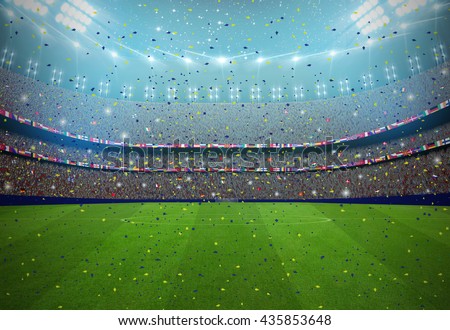 Soccer stadium in the night with fans in a match. All graphics are made up