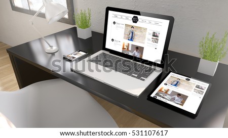 Black desktop with tablet, laptop and smartphone showing blog on screen. 3d rendering.