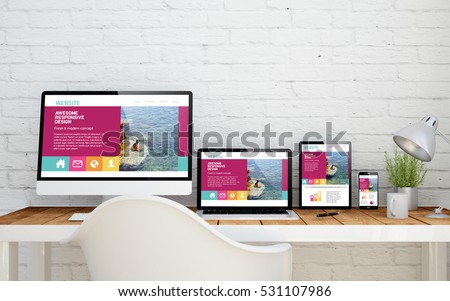 multidevice desktop with fresh design website on screens. 3d rendering.