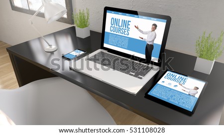 Black desktop with tablet, laptop and smartphone showing online courses on screen. 3d rendering.