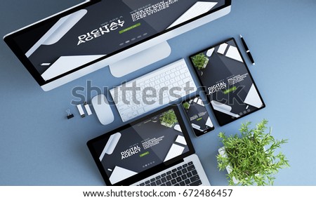 blue devices top view digital agency 3d rendering