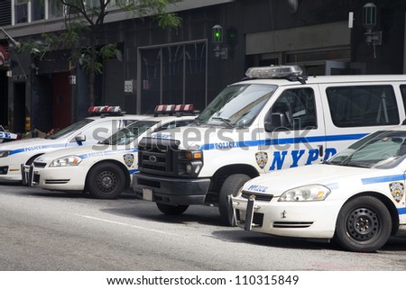 NEW YORK, NY - MAY 30: NYPD police cars parked in front of a police station in New York City on May 30, 2011.  The NYPD is one of the oldest police departments in the US established in 1845.