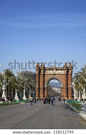 BARCELONA, SPAIN - MARCH 15, 2010: Triumph Arch (Arc de Triomf) built by the architect Josep Vilaseca in the Moorish revival style on March 15, 2010 in Barcelona, Spain.
