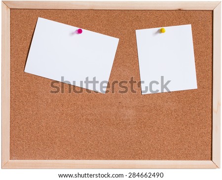 White Blank papers pin up on cork board isolated on white background