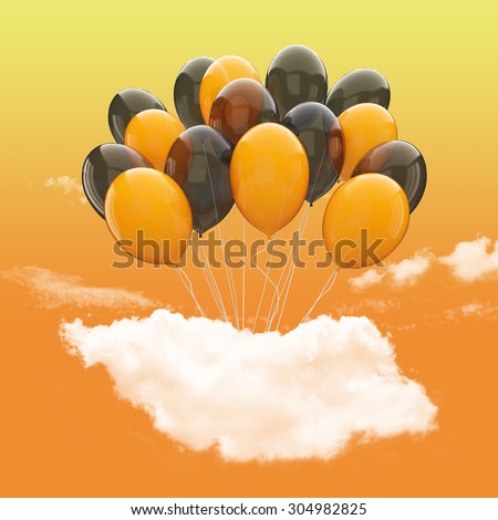 Halloween concept- Bunch of black and orange balloons holding cloud into the orange sky background