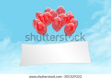 Freedom concept- Bunch of red and white balloons holding blank banner into the orange sky background