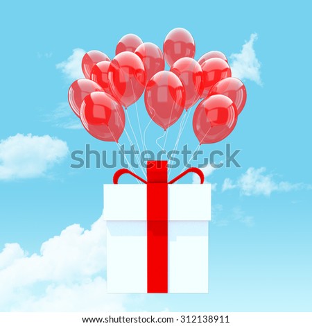 Bunch of red and white balloons holding into Gift box the sky background