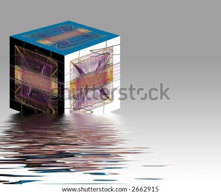 Abstract picture cube floating on water with white background