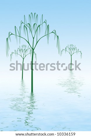Abstract fantasy illustration of trees on a flooded plain