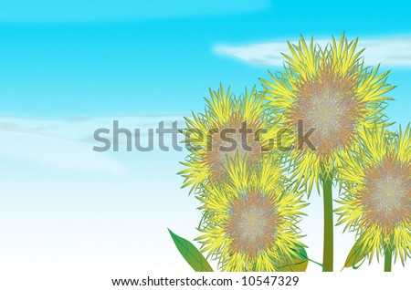 Abstract sunflower against a cloudy blue sky illustration