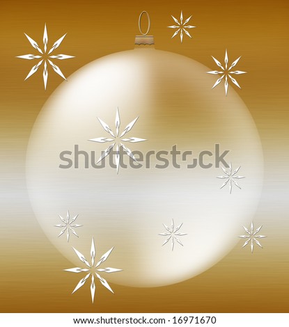 Artistic rendering of Christmas ornament for the holiday season on gold and white with snowflakes for holiday background