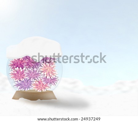 Conceptual Illustration of Flower filled snow globe on snow- spring is coming in the near future