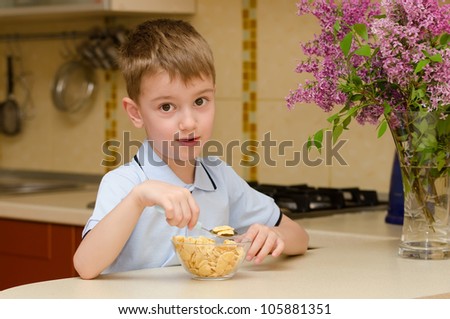 The lovely beautiful boy having breakfast corn flakes in kitchen