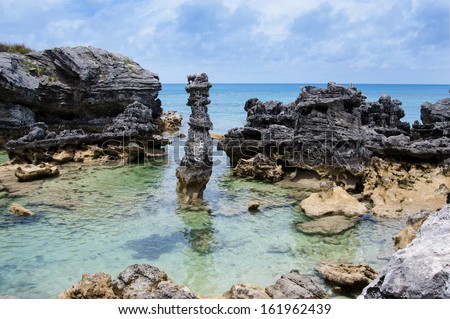 Bermuda Beach. Tobacco Bay area Bermuda. Columns of limestone rocks