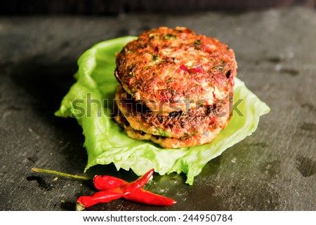 Fried Burger Meat Patty (Kabab, Kebab) And Lettuce On Black Chalkboard