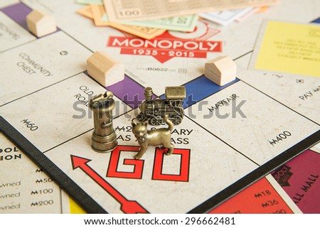 DUBAI, UAE - JULY 10, 2015: Monopoly Board Game Closeup. The classic real estate trading game from Parker Brothers was first introduced to America in 1935.