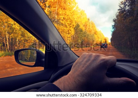 Driving at a wheel the car. Travel countryside. Fall. The photo is tinted in a retro style.