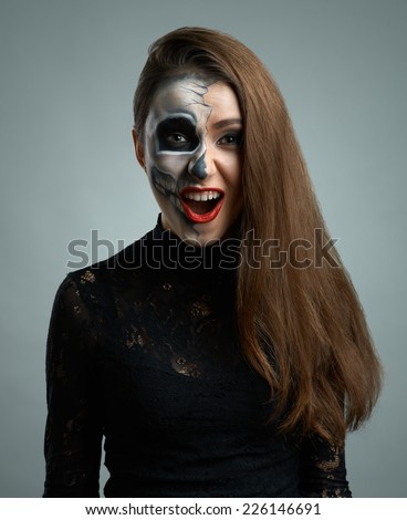 beautiful woman with make-up skeleton dumbfounded