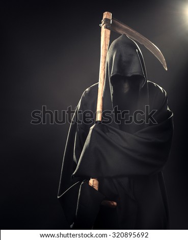 death with scythe standing in the fog at night