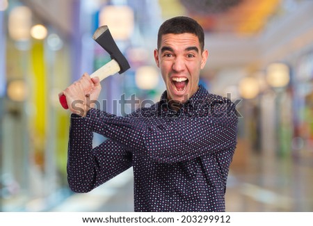 crazy man with an ax in a shopping center