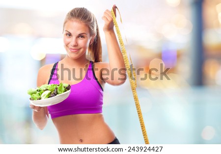 young cool woman with a salad and a meter