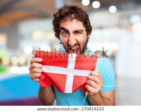 crazy man with flag. airport background
