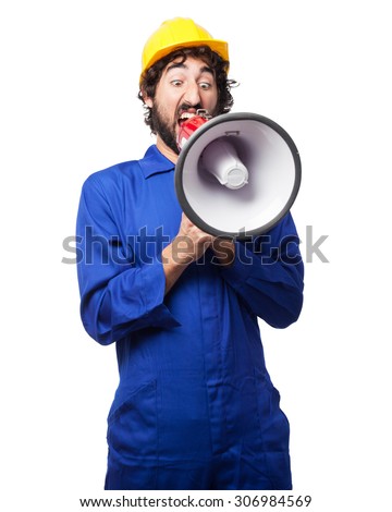angry worker man with megaphone