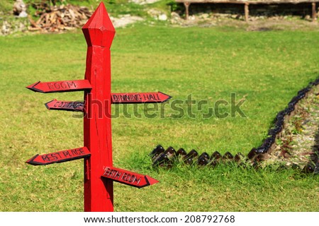 Red signpost nailed on the floor-beer bottle marked pathway-Namaste Guest House-Tolka village-Annapurnas Tour trekking route through the foothills of the Himalayas. Kaski district-Gandaki zone-Nepal.