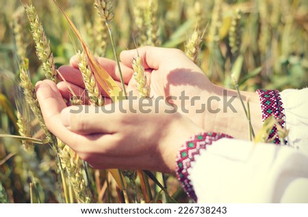 Hands of a farmer in ukrainian traditional shirt waiting for good harvest