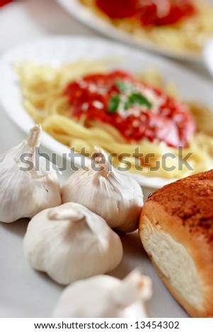 Food background- Garlic and pasta dinner