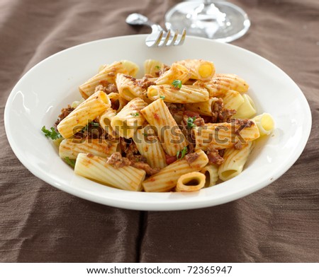 rigatoni pasta with a tomato beef sauce