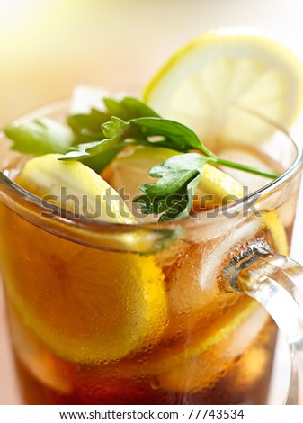 closeup ice tea with garnish shot with selective focus