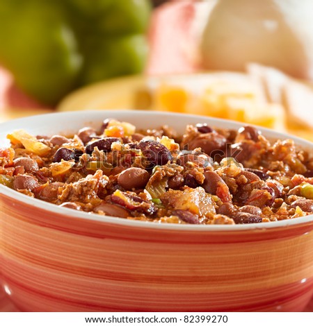 bowl of chili with beans and beef closeup