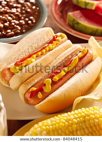 hot dog meal with onion, ketchup and mustard as topping