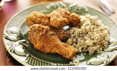 home cooked fried chicken meal cilantro lime quinoa side dish.,
