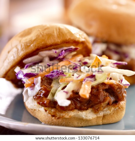 Bbq Pulled Pork Sandwich Close Up With Cole Slaw