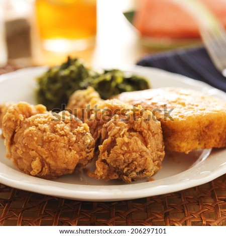 soul food - fried chicken with collard greens and corn bread