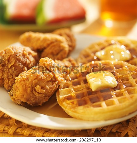 fried chicken and waffles with watermelon & sweet tea