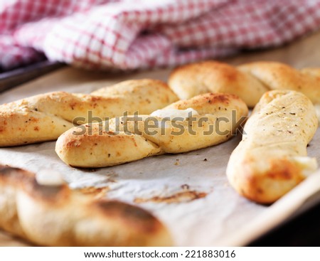 freshly baked mozzarella bread sticks on parchment paper