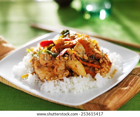 thai panang red curry dish on green table cloth