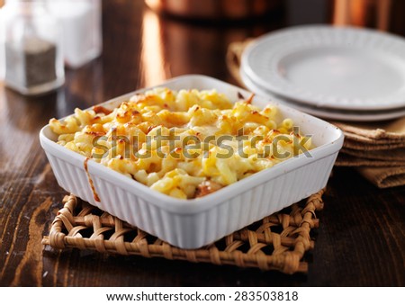 casserole dish with baked macaroni and cheese