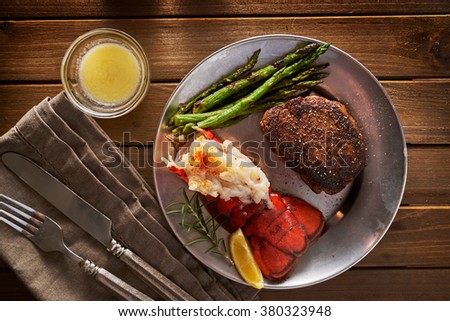 top down overhead view of steak and lobster dinner