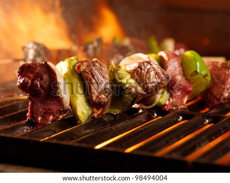 beef kababs on the grill closeup