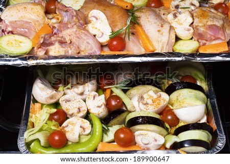 Chicken and vegetables baked in oven