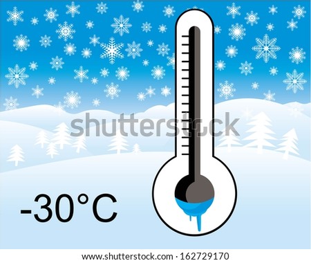 ice cold thermometer, winter landscape in background