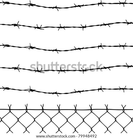 vector of wired fence with five barbed wires on white background
