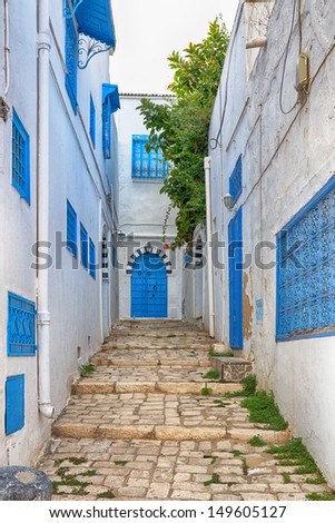 Sidi Bou Said - typical building with white walls, blue doors and windows, Tunisia