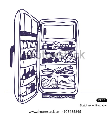 Refrigerator. Hand Drawn Sketch Illustration Isolated On White
