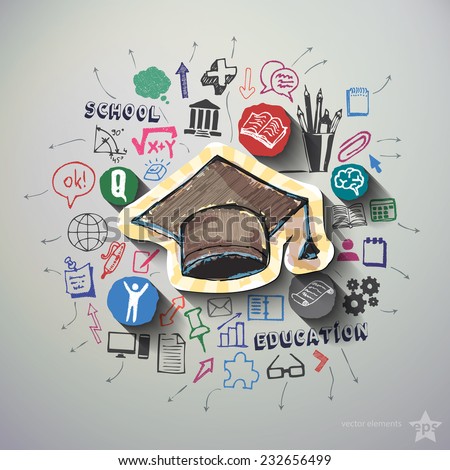 Education collage with icons background. Vector illustration