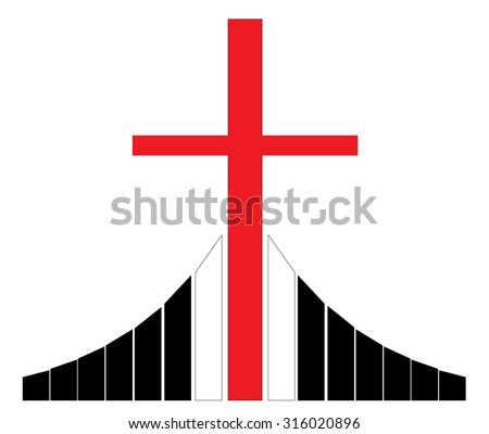 Red christian cross silhouette standing on Golgotha vector illustration, symbol of a Christian church